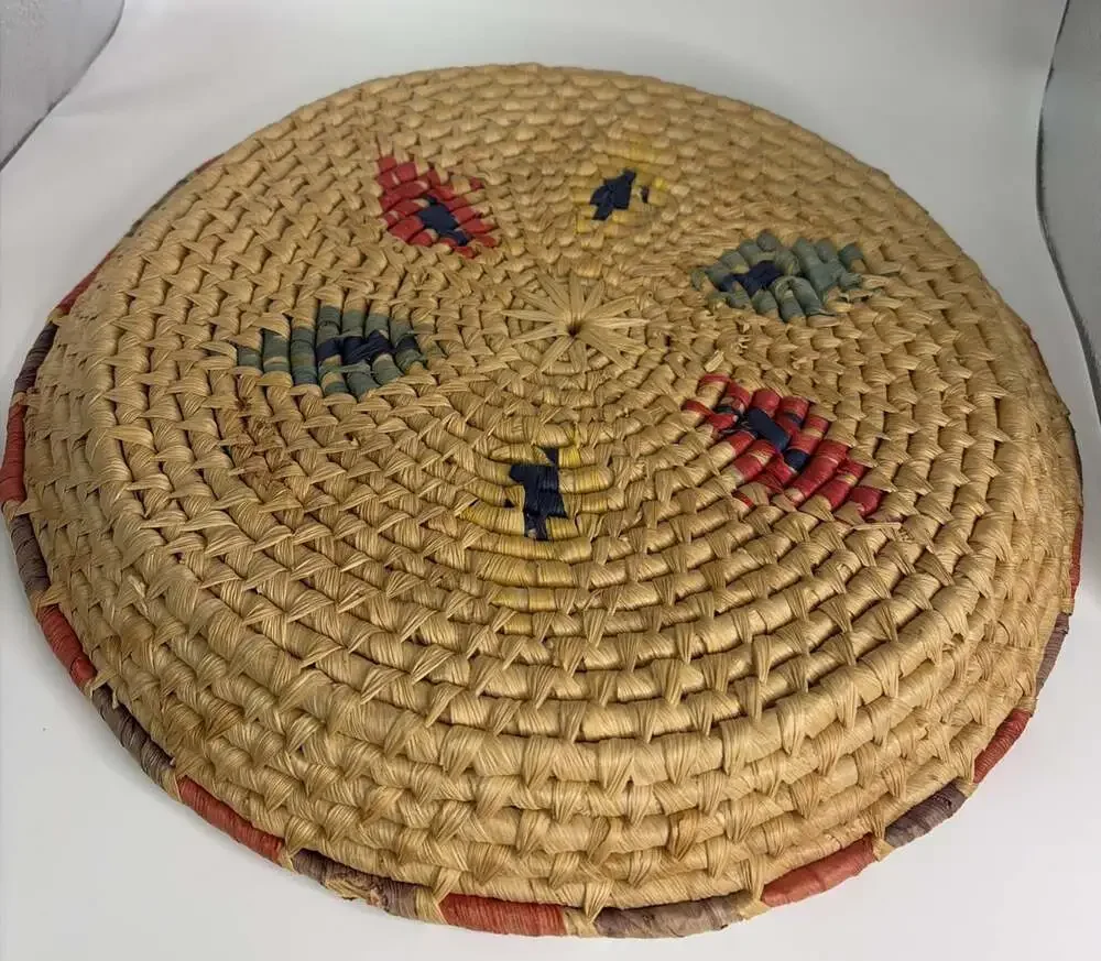 Vintage Round Hand Woven Colorful Basket 13” X 2”